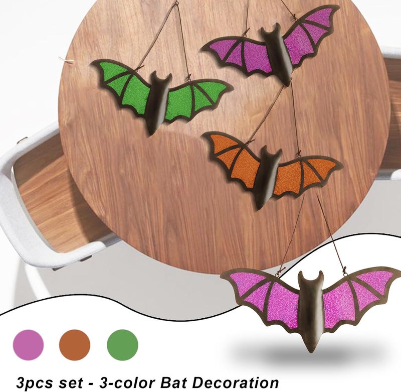 Senflame Halloween Bat Decoration​ - 3 Pack Metal & Glass Outdoor/Indoor Bat Decor with 13"x5.7" Realistic Bats in Green, Purple, Orange for Garden, Yard, Wall - Waterproof Scary Party Supplies - Image 2